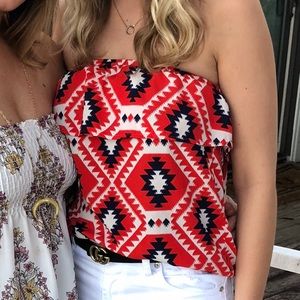 Navy and Red Patterned Strapless Flounce Top